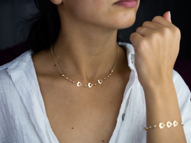 Set Lant si Bratara cu bile si inimioare aur 14 K (alb, roz, galben) - pret optim Set Lant si Bratara cu bile si inimioare aur 14 K (alb, roz, galben) - pret optim