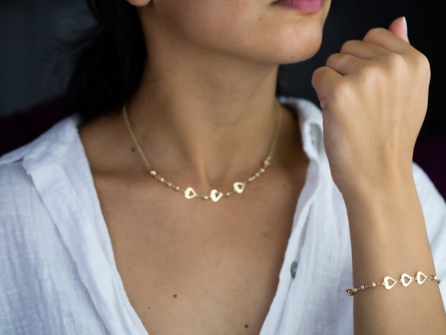 Set Lant si Bratara cu bile si inimioare aur 14 K (alb, roz, galben) - pret optim Set Lant si Bratara cu bile si inimioare aur 14 K (alb, roz, galben) - pret optim