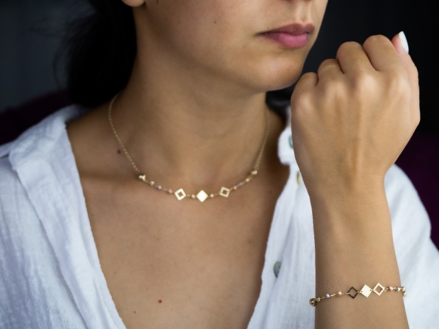 Set Lant Bratara bile si romburi aur 14 K (alb, roz, galben) - pret optim  Set Lant Bratara bile si romburi aur 14 K (alb, roz, galben) - pret optim